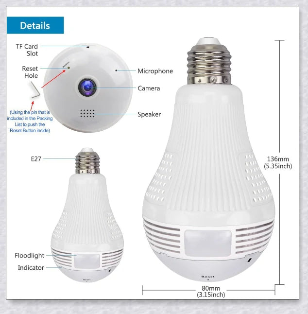 Discreet 1080p 360-degree panoramic WiFi security camera hidden in a light bulb design for comprehensive home surveillance