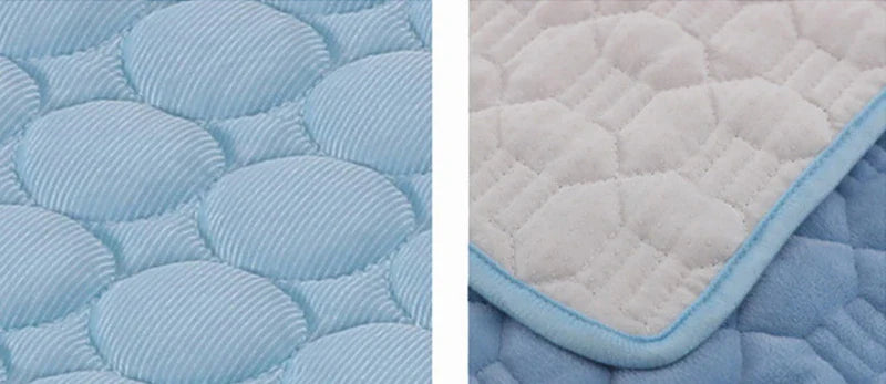 A stylish pet cooling pad featuring a blue ice silk surface and a breathable mesh backing, designed to keep pets cool and comfortable during hot summer days.