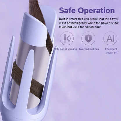Auto-Rotating Ceramic Hair Styler in Pink, with adjustable temperature settings and dual voltage compatibility for worldwide use
