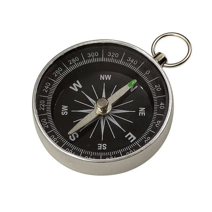 Compact aluminium compass keychain with tempered glass surface and bright compass face, perfect for outdoor adventures in the UK