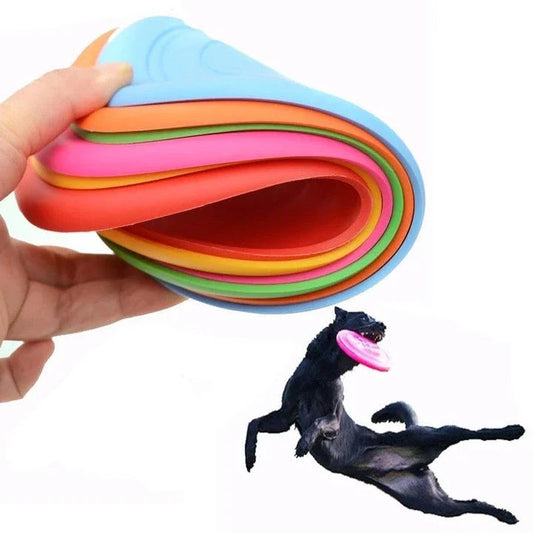 Colourful silicone frisbee dog toy with flexible, durable construction for energetic playtime