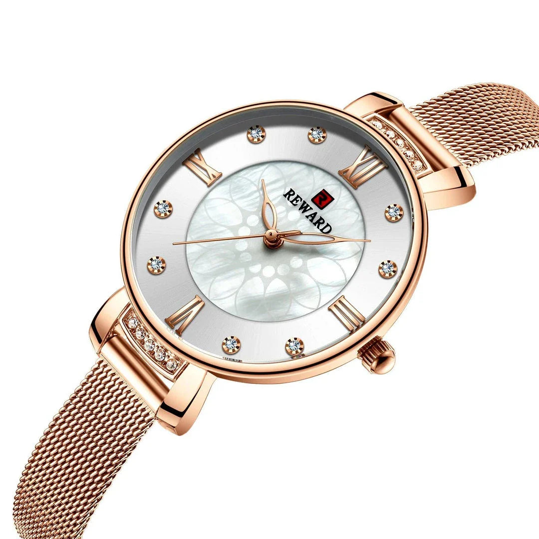Elegant shell-inspired dial and Milanese mesh strap ladies watch from Trendha