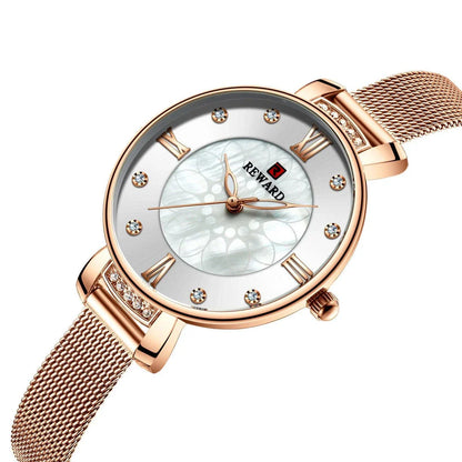 Elegant shell-inspired dial and Milanese mesh strap ladies watch from Trendha