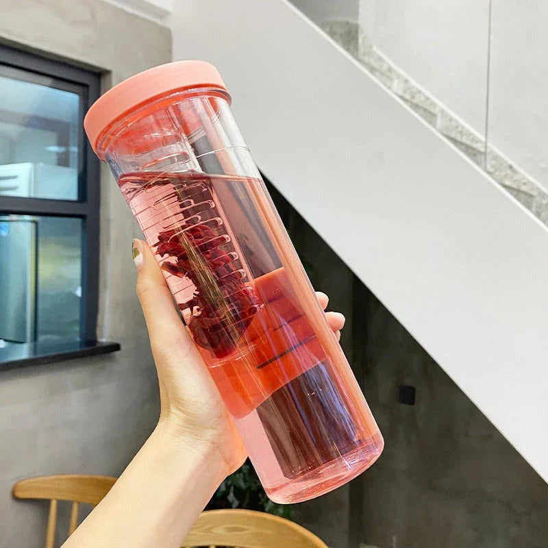 A transparent 700ml drinking bottle with a straw and built-in lemon filter, perfect for staying hydrated on the go.