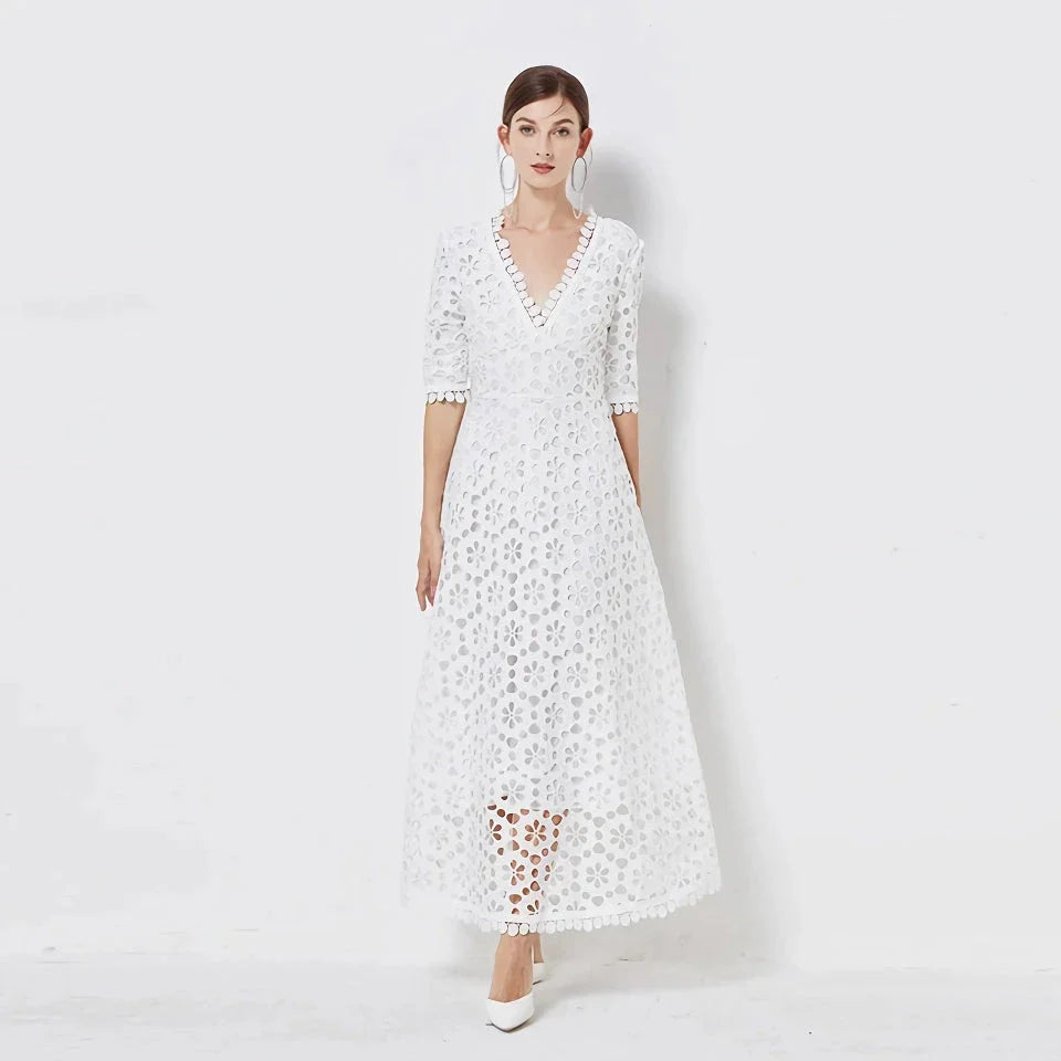 Elegant V-Neck Lace Midi Dress in white with a sophisticated silhouette and stylish details