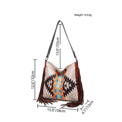 Bohemian Chic Canvas Shoulder Bag with Colourful Knitting and Tassel Details