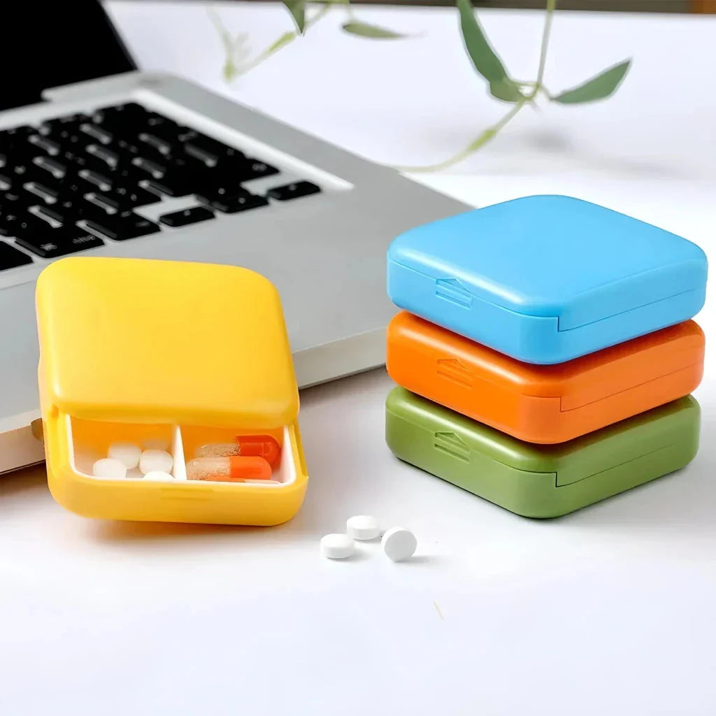 Compact and portable 2-grid mini pill box made of durable ABS plastic for organised medication storage