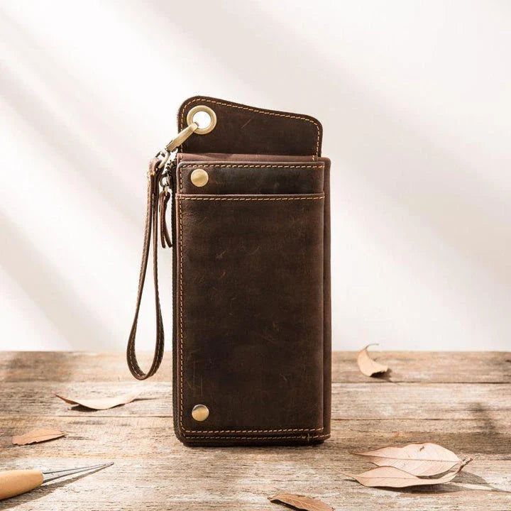Premium genuine leather zipper phone wallet case in dark brown colour with multiple compartments for organisation