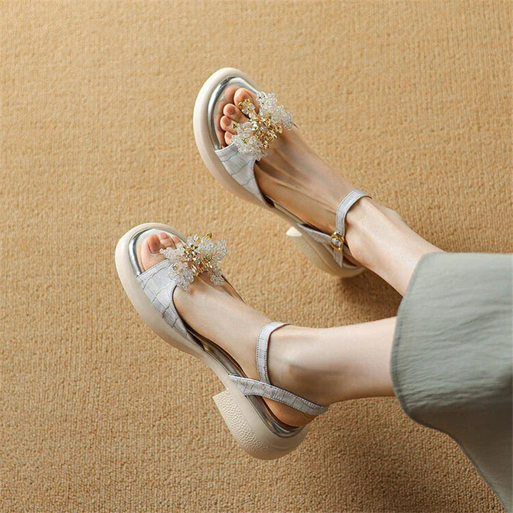 Premium genuine leather gladiator sandals with chunky square heel, adjustable strap, and unique checkered pattern design