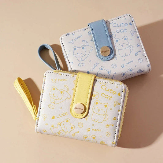 Stylish cat-themed compact wallet with zippered coin pocket, card slots, and key storage