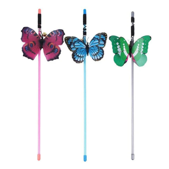 Butterfly-shaped cat toy with vibrant red colour and long rope for engaging feline playtime