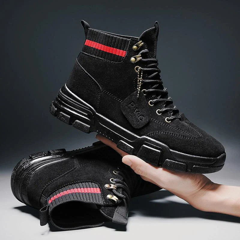 Premium high-top leather work boots in black, featuring a durable rubber sole and front-tie design for a secure and comfortable fit.