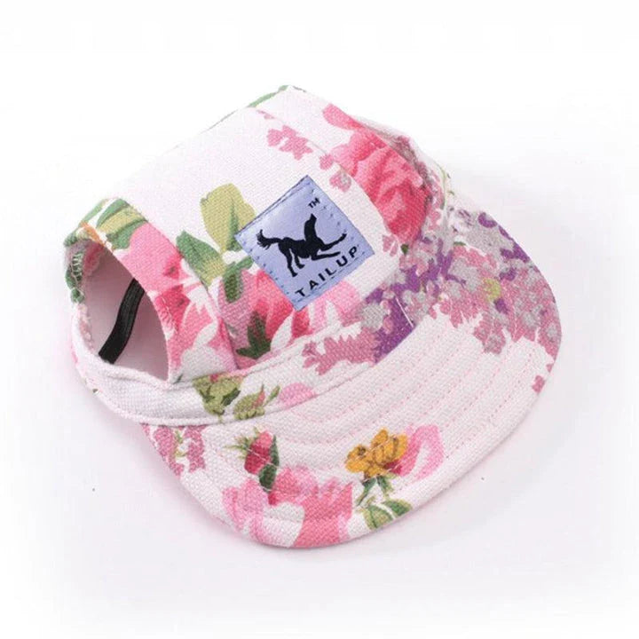 A stylish canvas pet cap with vibrant animal-themed prints, designed for comfort and fashion-forward canine companions.