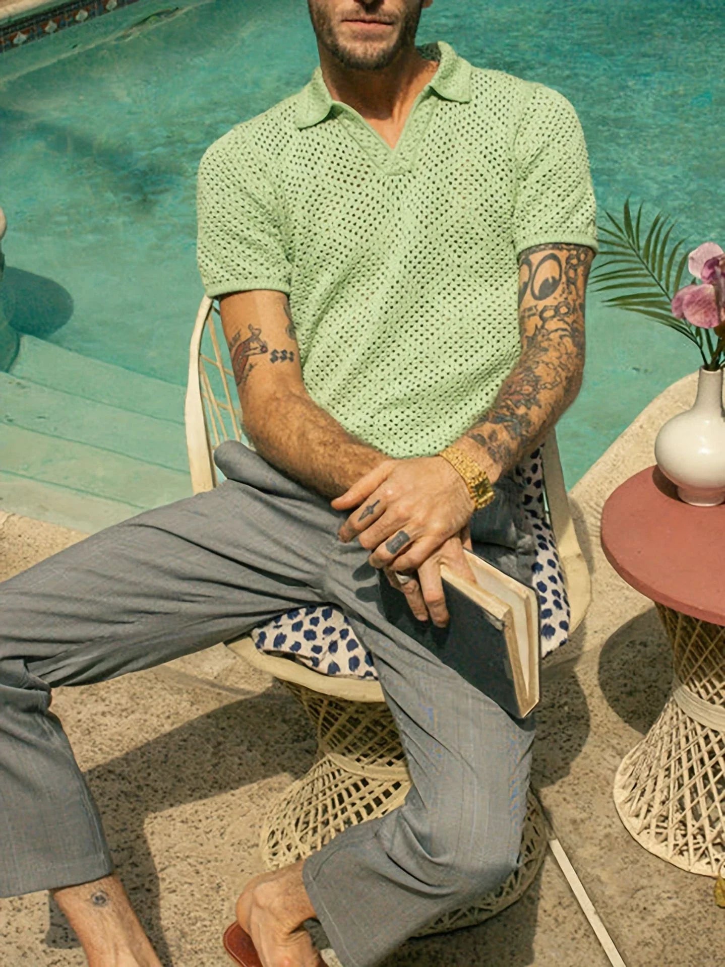 Premium quality men's knitted summer shirt in green, navy, and beige colours with a classic pullover design
