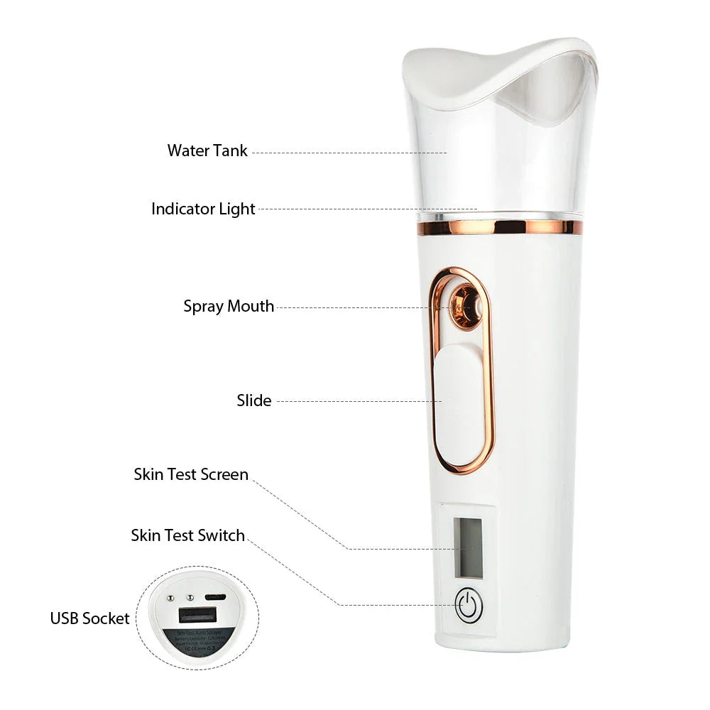 Rechargeable mist facial sprayer and nebulizer with compact, portable design and advanced hydration technology