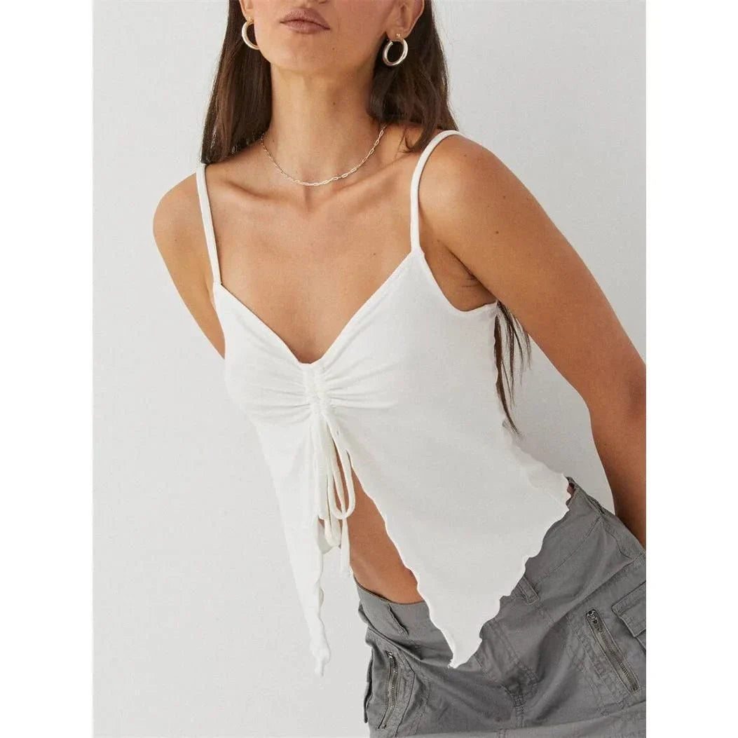 Chic white sleeveless crop top with side bandage detail, perfect for summer fashion