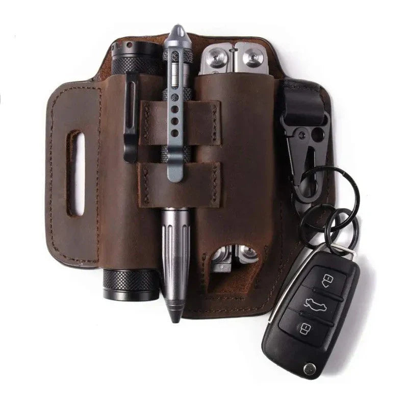Premium British leather tool carrier with multiple compartments and adjustable strap for hands-free carrying