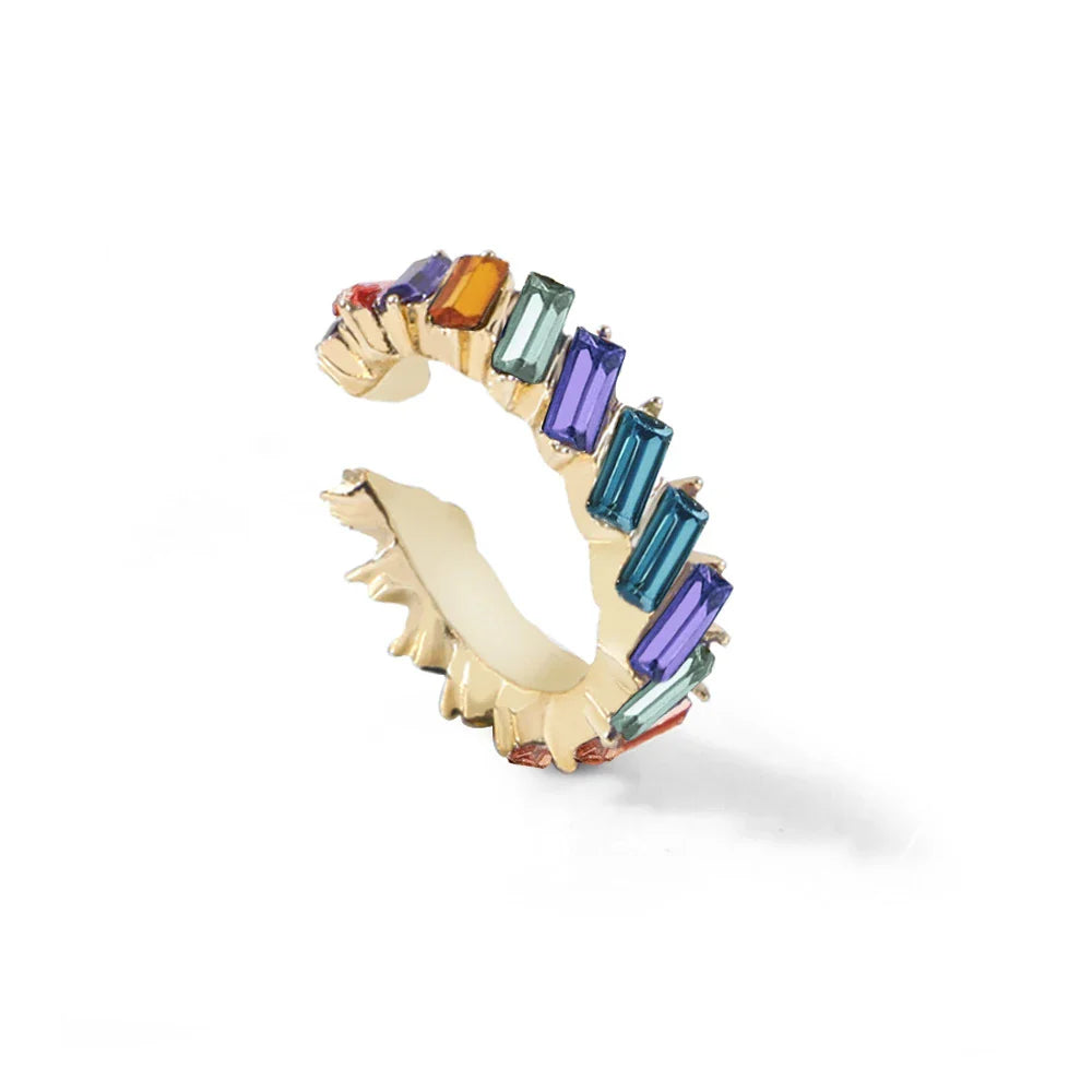Multicolour glass diamond C-shaped earrings with alloy-inlaid artificial gems and semi-precious stones