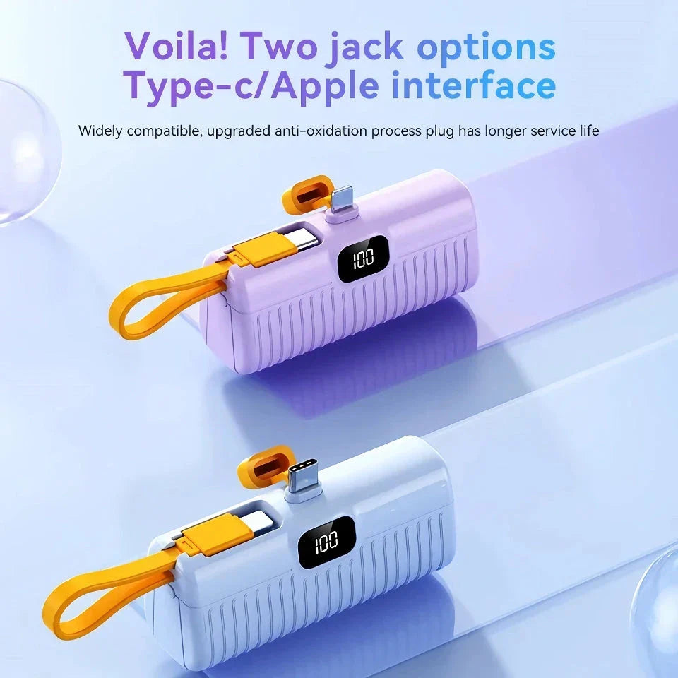 Compact, high-capacity power bank with dual charging ports and built-in cables for convenient, fast charging on the go