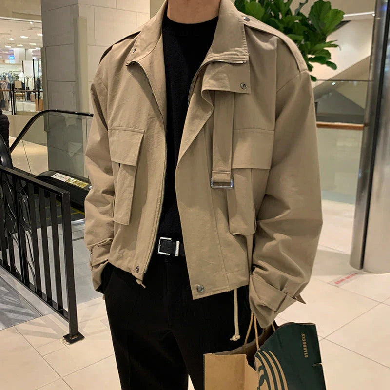 Premium vintage-inspired khaki denim jacket with a handsome sense of design and a refined, polished silhouette