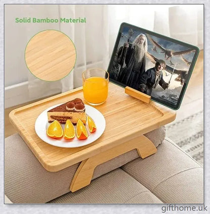 Elegant bamboo sofa tray with a natural finish, designed for relaxation and serving beverages or snacks in the living room or bedroom.