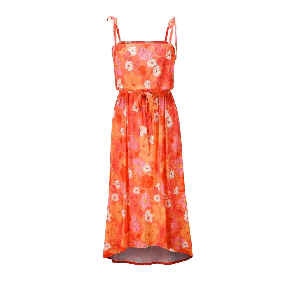 A premium printed camisole dress in a vibrant red colour, featuring a flattering mid-length skirt and high-waist design for a sophisticated, feminine look.