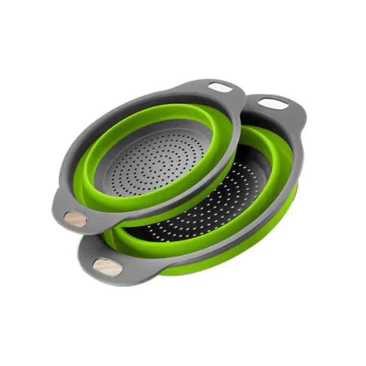 A vibrant, colourful folding colander made with durable food-grade materials for efficient straining and compact storage in the kitchen.