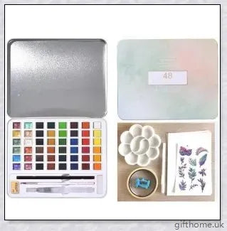 A set of vibrant watercolour paints with a glittering, iridescent effect, including brushes, a palette, and paper for a complete painting experience.