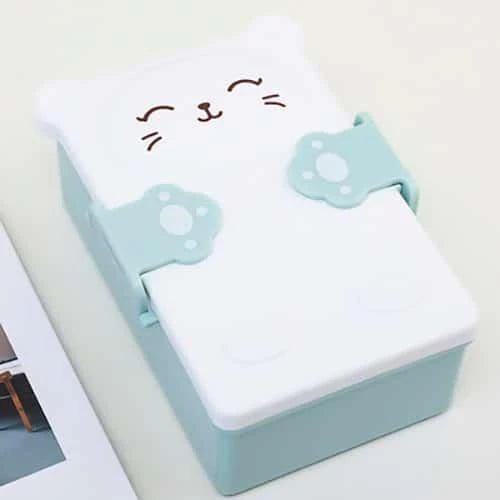 Colourful and stylish children's double lunch box with bear or kitten graphics, featuring two separate compartments for organised packing