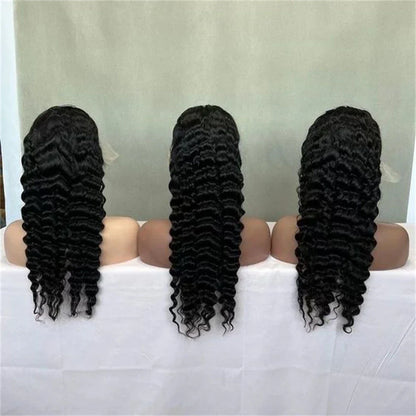 Luxurious deep wavy human hair wig with natural lace construction, available in various lengths for a customized, elegant look.