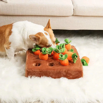 Premium soft plush carrot-shaped dog toy with non-slip backing for engaging, interactive playtime