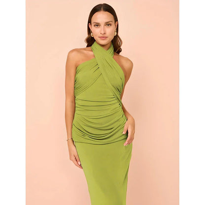 Elegant halter backless ankle-length bodycon dress in a solid colour, designed to flatter the figure and create a sophisticated, eye-catching look for formal events.