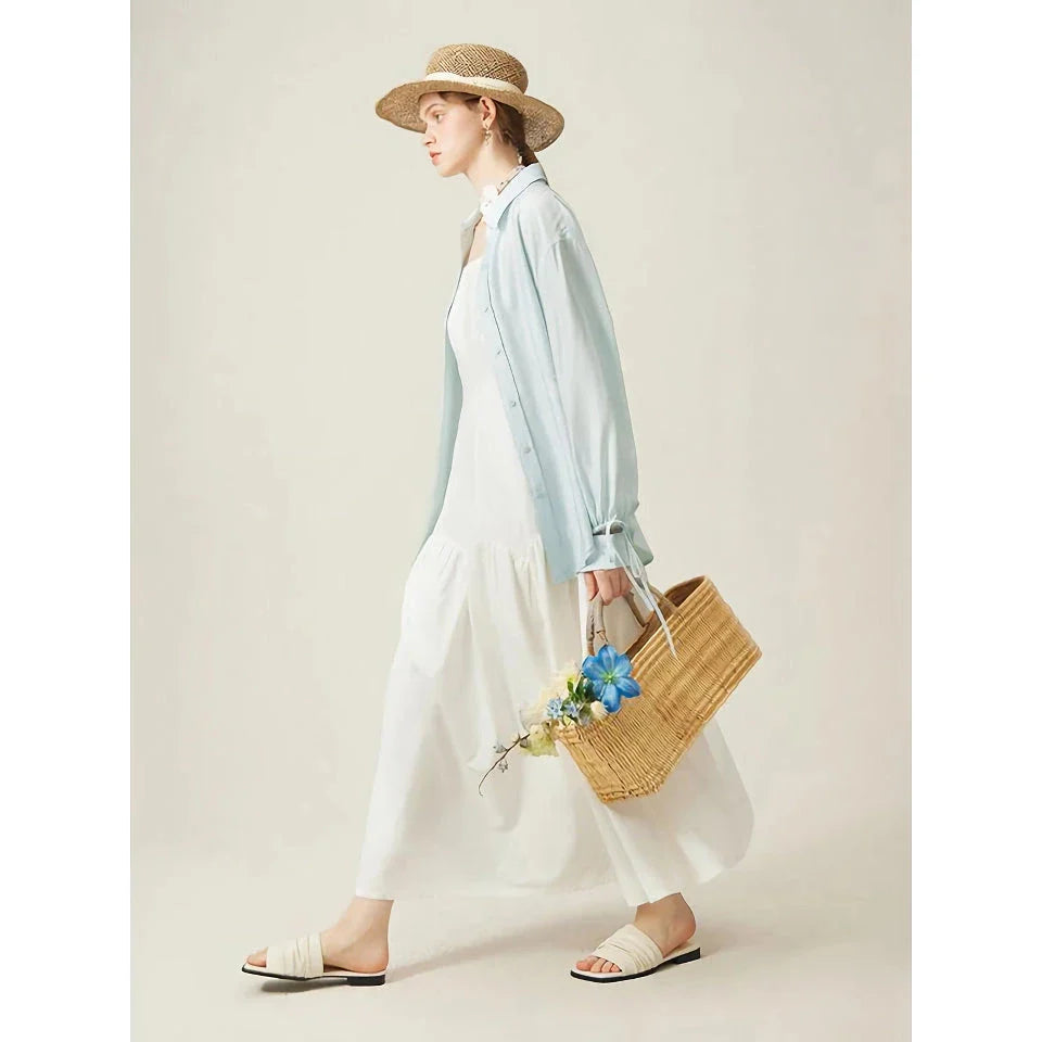 Elegant French White Suspender Long Dress with a relaxed A-line silhouette and premium cotton fabric