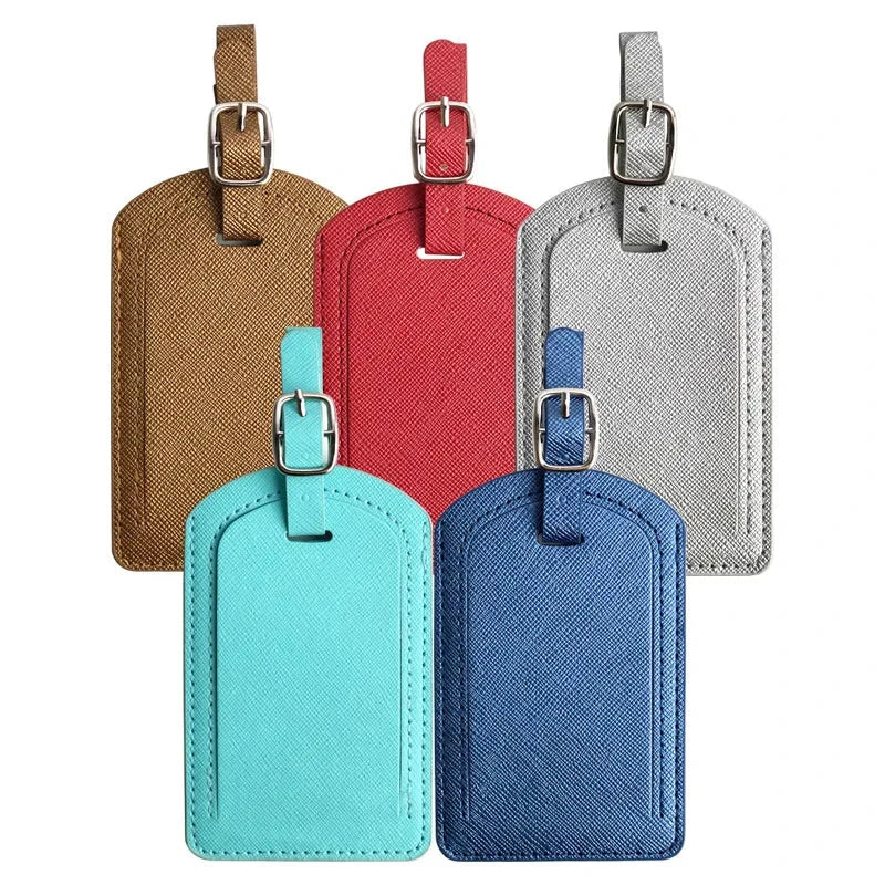 Premium PU leather luggage tag with secure strap and compact design for modern travellers