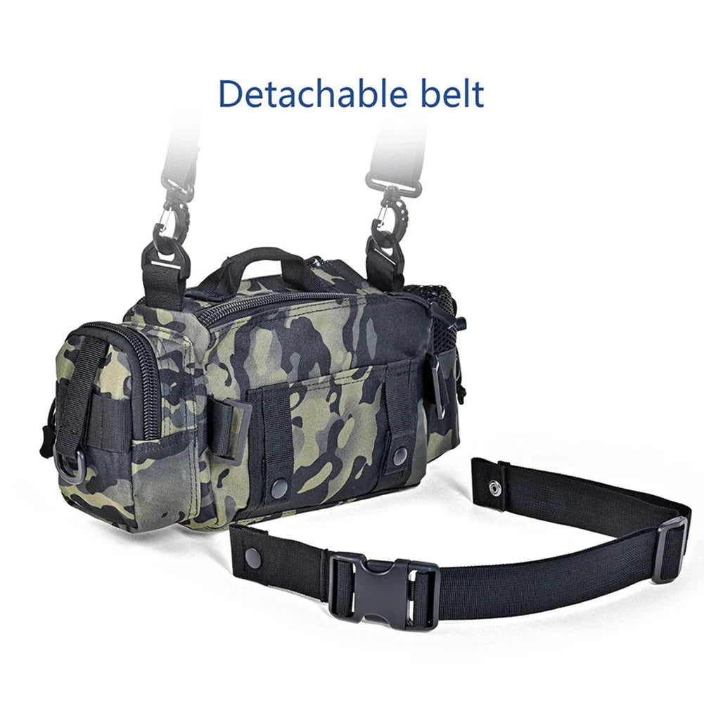Premium green camouflage fishing tackle kit with Oxford cloth construction and convenient one-shoulder pocket for UK anglers