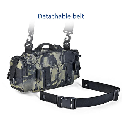 Premium green camouflage fishing tackle kit with Oxford cloth construction and convenient one-shoulder pocket for UK anglers