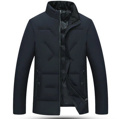 Premium cotton-padded jacket with stand collar and zip closure, available in gray, black, and navy blue