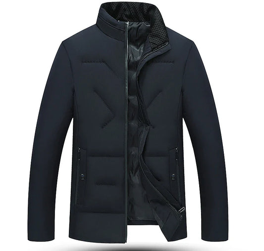 Premium cotton-padded jacket with stand collar and zip closure, available in gray, black, and navy blue