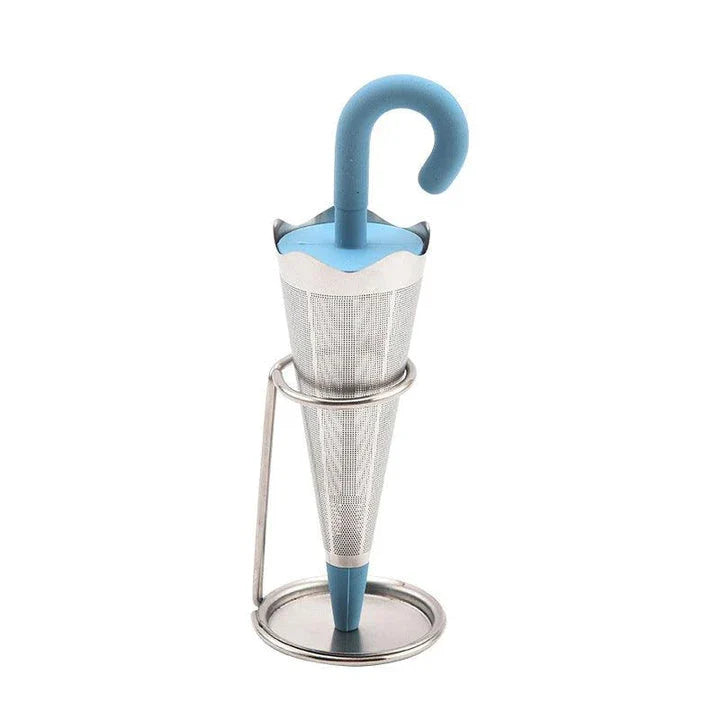 Silicone and stainless steel tea strainer with an umbrella-inspired design, available in various colours