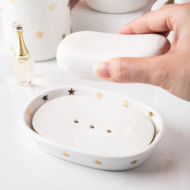 Elegant Nordic gold inlay double layer ceramic soap holder for dry soap and clean countertops