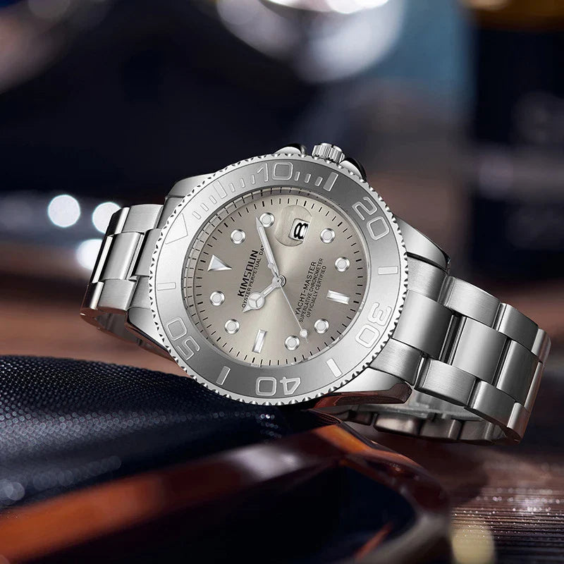 Premium luminous waterproof quartz watch for men with stainless steel case and grey dial