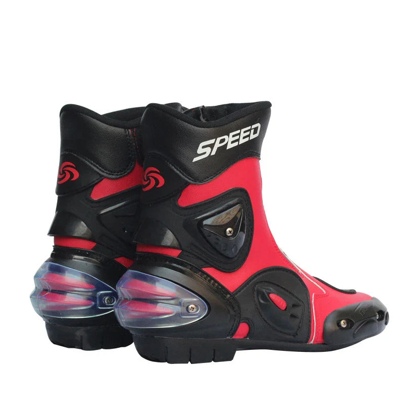 Premium motorcycle riding boots with durable microfiber leather, breathable mesh lining, and reinforced toe and heel for enhanced impact protection
