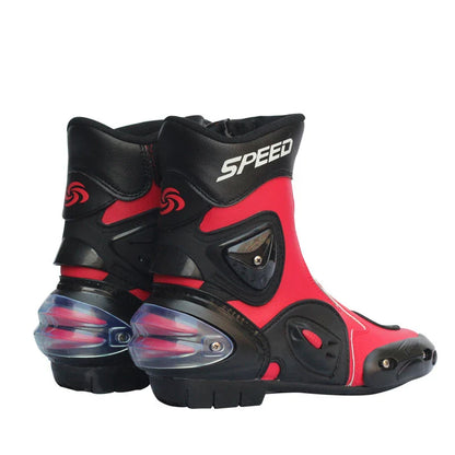 Premium motorcycle riding boots with durable microfiber leather, breathable mesh lining, and reinforced toe and heel for enhanced impact protection