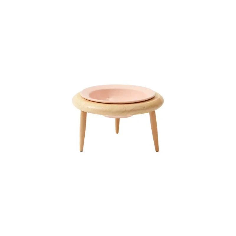 Elevated cat and small dog ceramic feeding set with adjustable wooden stand