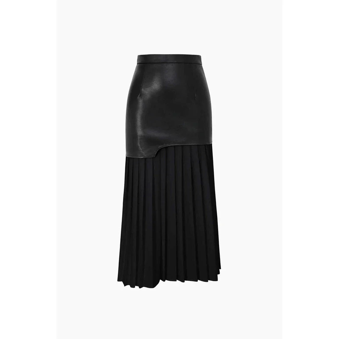 A stylish long pleated skirt featuring a sophisticated leather patchwork design and a flattering A-line silhouette