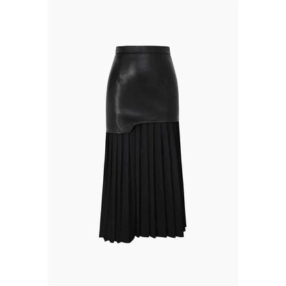 A stylish long pleated skirt featuring a sophisticated leather patchwork design and a flattering A-line silhouette