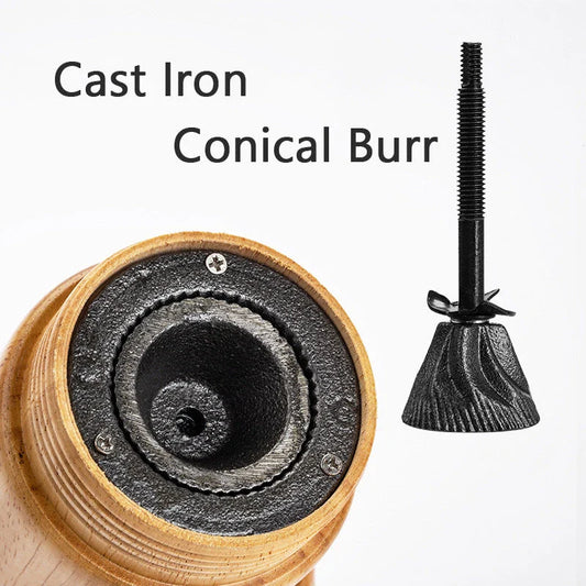 Elegant wooden manual coffee grinder with premium steel conical burr for consistent, flawless grinding
