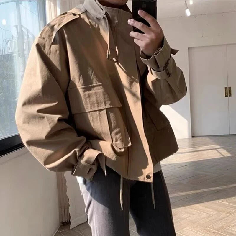 Premium vintage-inspired khaki denim jacket with a handsome sense of design and a refined, polished silhouette