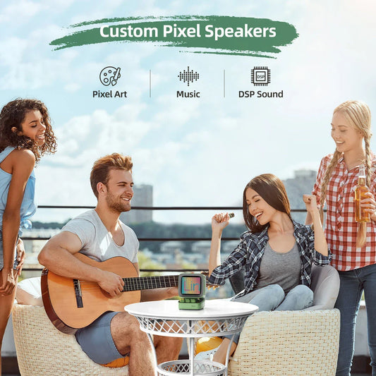 Ditoo-Mic Bluetooth Speaker with pixel art display, karaoke microphone, and retro design