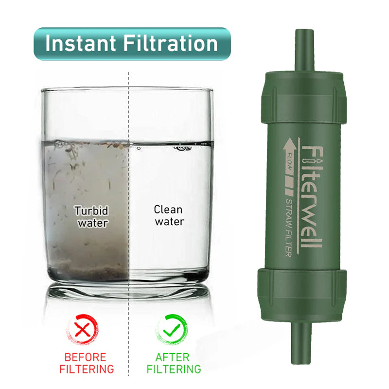 Compact outdoor water purifier straw for safe drinking water during hiking, camping, and emergencies